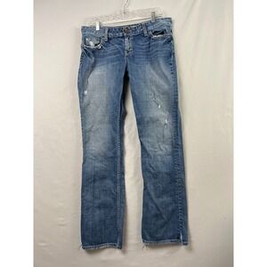 BKE Sabrina Boot Jeans Womens 30x33.5 Blue Distressed Thickstitch Embroidered